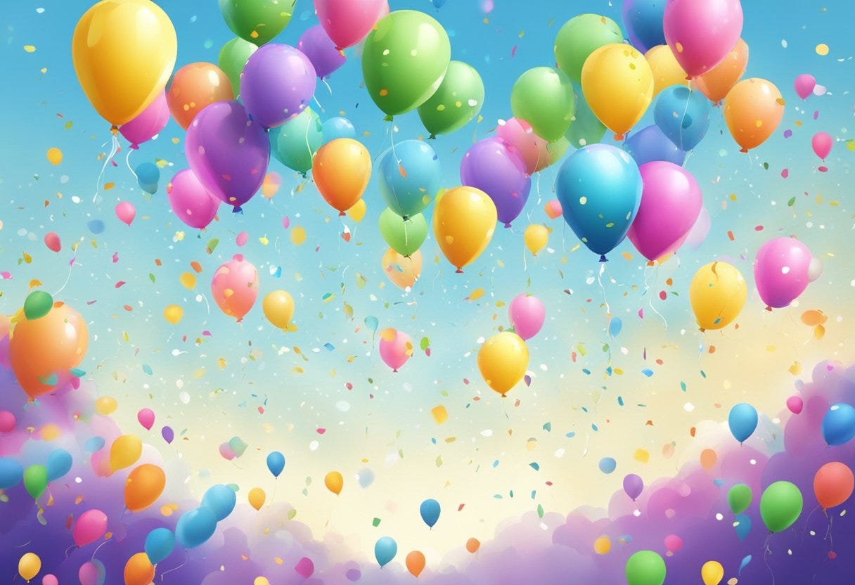 A group of colorful balloons ascending into the sky, with confetti falling and streamers fluttering in the air