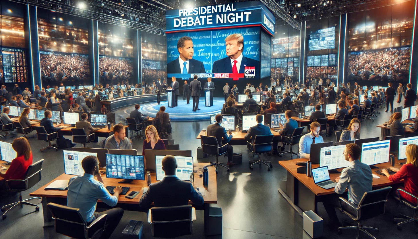 A bustling newsroom during a presidential debate night, with multiple screens showing different candidates and large, digital maps tracking voter responses. The scene captures a diverse group of journalists, some focused on their laptops, others engaged in animated discussions. The setting is modern and high-tech, with large glass windows and multiple news feeds. The overall atmosphere is intense and dynamic, emphasizing the urgency and significance of the event. The image is in a 16:9 aspect ratio, suitable for a post titled 'Presidential debate coverage & mainstream media analysis illustrates the need for independent media'.