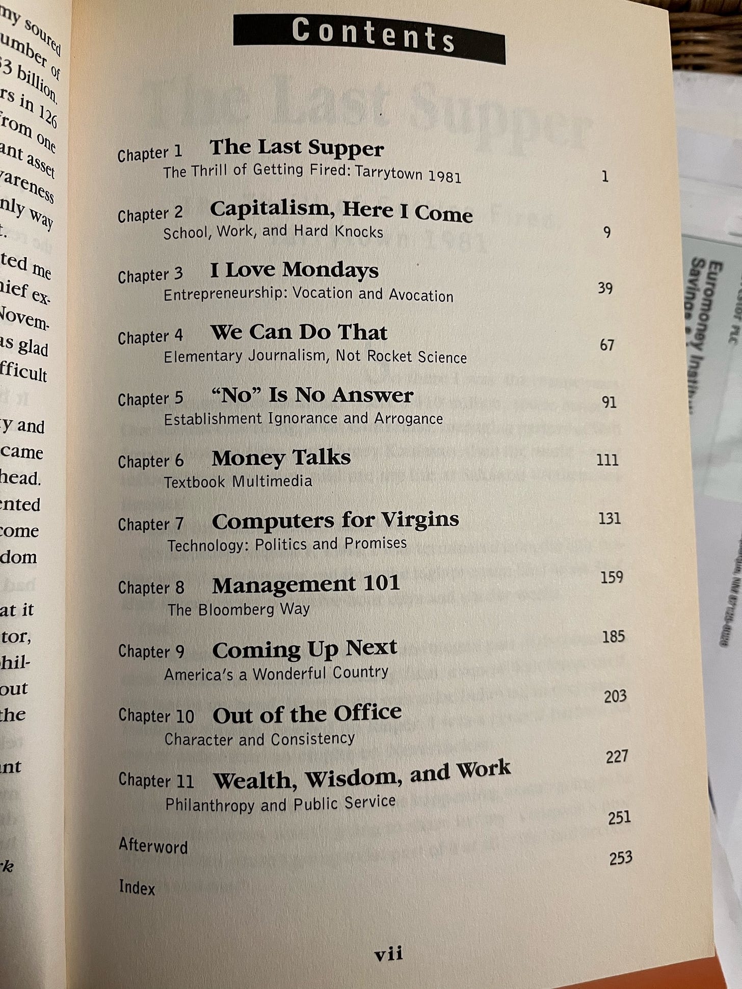 Table of contents in Bloomberg’s autobiography.