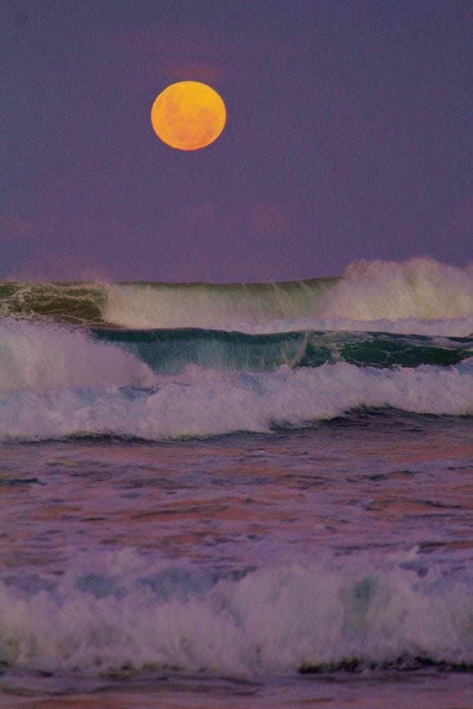 This may contain: a full moon is seen over the ocean with waves in the foreground and purple sky