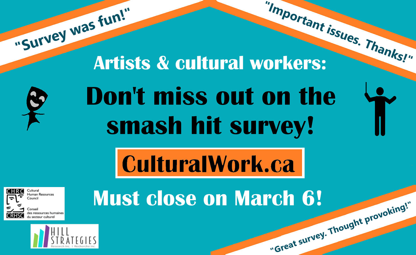 Promotional graphic for Loving the leap? A survey of affordability and working conditions for artists and other cultural workers. Complete the survey at http://culturalwork.ca. Created by the Cultural Human Resources Council and Hill Strategies Research.