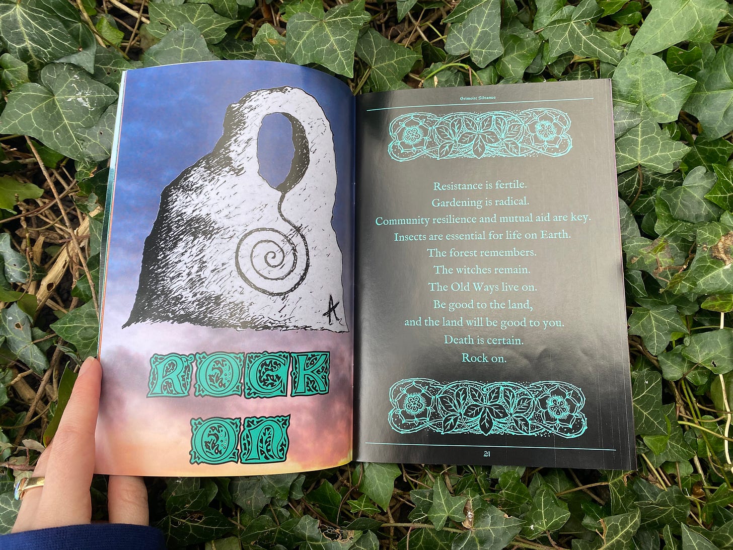 A double page spread of Grimoire Silvanus 7: a drawing of a rock superimposed onto a photo of a sunset with caption "Rock On", and a page of mantras beginning "Resistance is fertile".