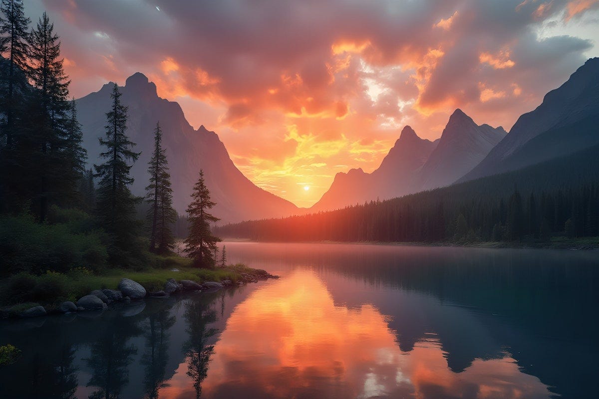 "The most beautiful sunrise ever seen with the sun visible fully, with mountains, Bright colors, vivid hues, amazing picture, water and trees, multicolored sky, an awesome, awe-inspiringly beautiful image."