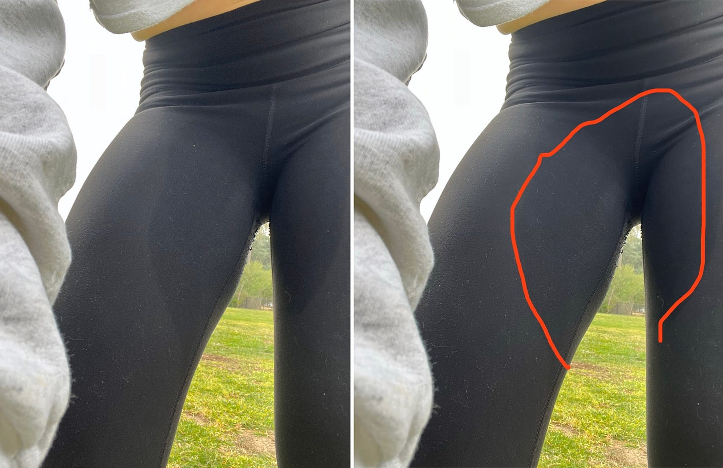 A photo collage showing the outline of pee stain on leggings. 