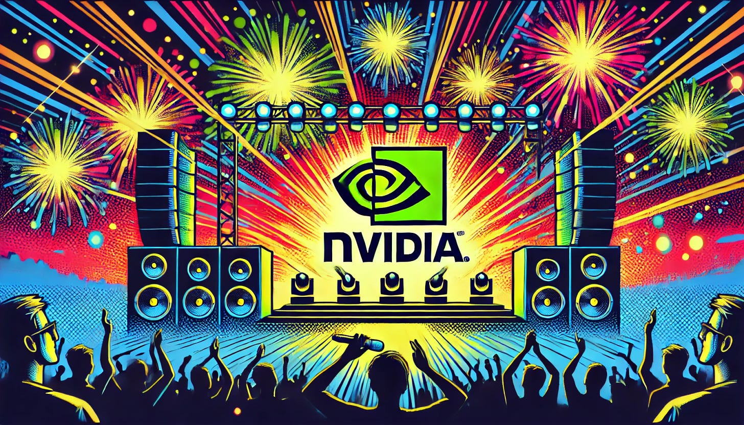 A vibrant, pop-art style illustration in a 16:9 format showing the Nvidia logo as the main star at a concert, complete with stage lights and fireworks. The scene is energetic, resembling a rock star performance, with bright colors and dynamic elements like music speakers and a crowd of fans in silhouette, capturing a celebratory and electric atmosphere.