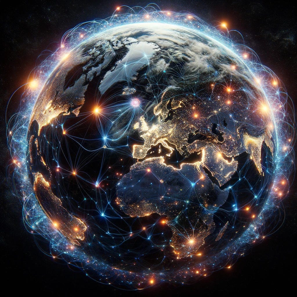 Imagine a futuristic version of Earth as viewed from space, where the planet resembles a 'galaxy brain'. The globe is intertwined with glowing neural networks, with nodes representing major cities connected by bright, pulsing light streaks. The neural network overlays the continents in a complex and intricate pattern, highlighting an advanced civilization's interconnectedness. The cities glow vibrantly against the dark backdrop of space, which is pitch black without any stars. This visualization combines the concept of a highly connected, intelligent planet with the aesthetic of a science fiction universe, emphasizing the idea of Earth as a living, thinking entity in the void of space. The overall impression is of a planet that has transcended traditional physical boundaries to become a beacon of connectivity and intelligence.