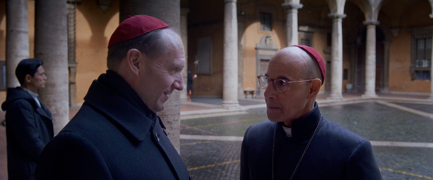 Ralph Fiennes and Stanley Tucci in Conclave on Peacock