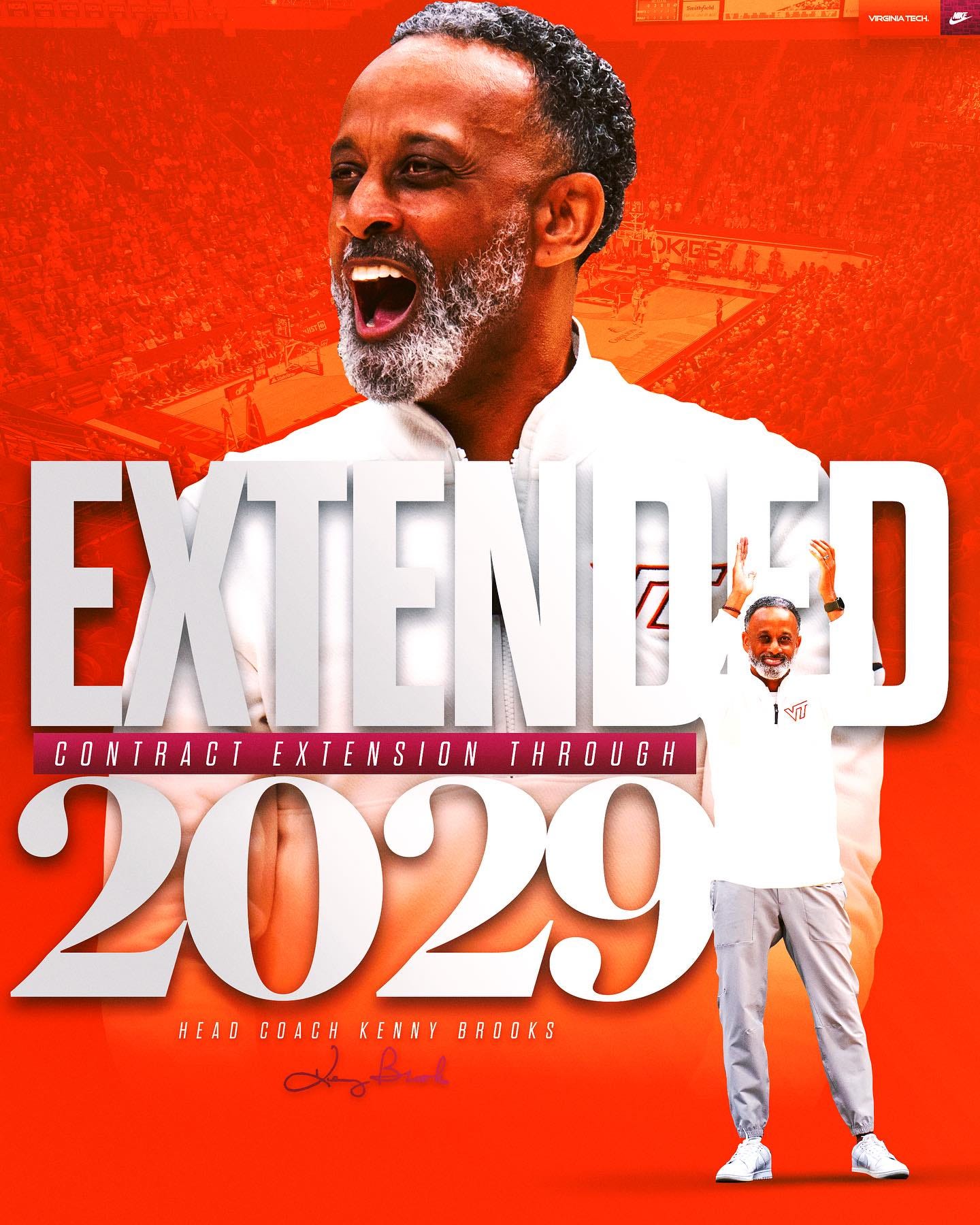 Virginia Tech Women's Basketball Coach Kenny Brooks Contract Extension Graphic.