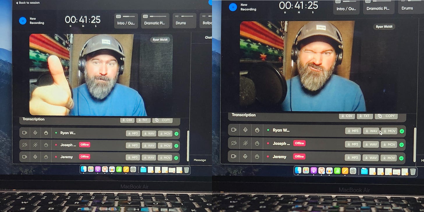 A grey-bearded man gives a thumbs up to a laptop camera. He's wearing a blue sweatshirt and grey cap with headphones over his ears. The image is inside a rectangle frame showing that he is on a video chat. In a second frame the same man makes a funny face.