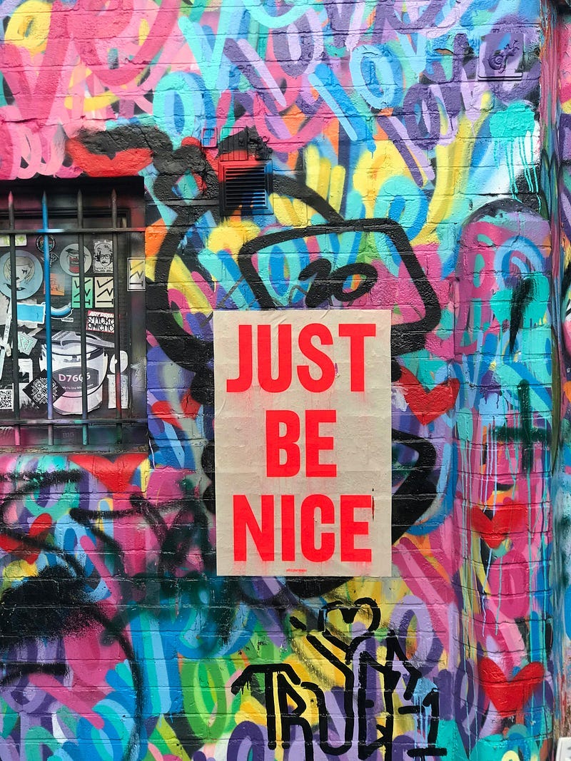 “Just Be Nice” Sign on a graffitti wall.