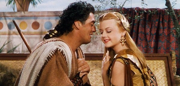 Victor Mature and Samson and Angela Lansbury as Semadar canoodling in 1949 Cecil B. DeMill epic Samson and Delilah