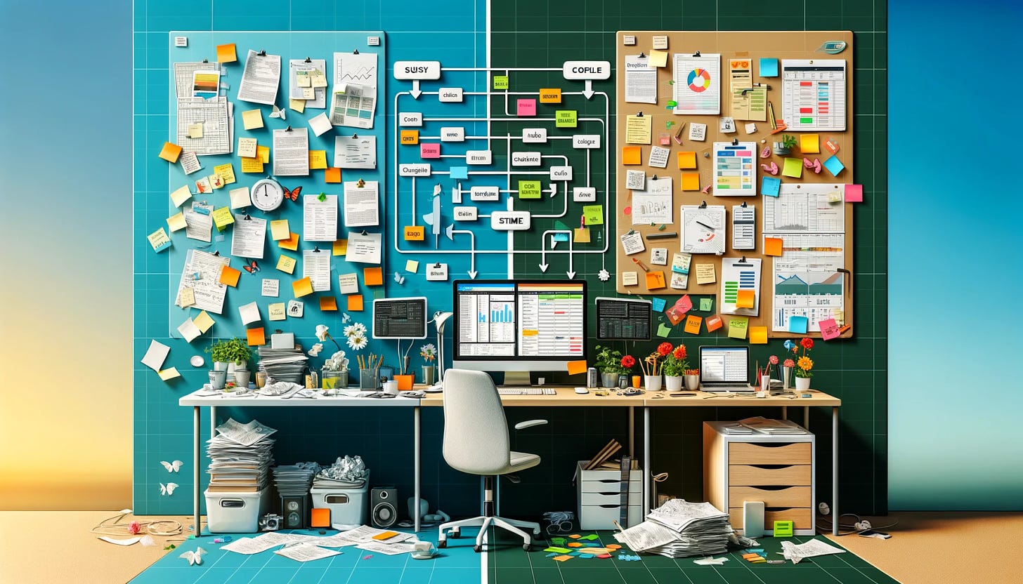 Visualize a modern workspace divided into two contrasting sections. On the left, a cluttered desk is overflowing with papers, sticky notes, and a computer screen filled with open tabs and applications, symbolizing traditional, inefficient workflows. On the right, a clean, organized desk with a minimalist setup, featuring a computer with a single application open, possibly a project management tool, representing streamlined, efficient workflows. Above the workspace, a flowchart transitions from complex to simplified, symbolizing the transformation from busy to productive workflows in software development. Include subtle elements hinting at Agile and Lean methodologies like scrum boards or Kanban cards on the efficient side. A clock or timer shows less time required on the efficient side, emphasizing quicker delivery times. Use contrasting colors to differentiate between the two sides, with warm, chaotic colors on the busy side and cool, calm colors on the productive side.