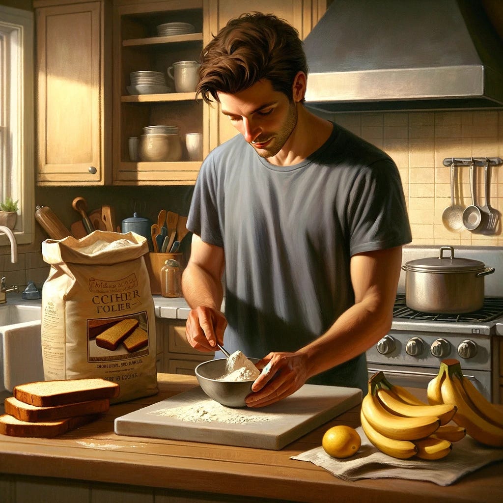 A digital painting of a man in a kitchen, focused on baking with just two main ingredients. The scene captures him in the act of combining these ingredients, which are prominently displayed on the kitchen counter: a bag of flour and a cluster of bananas. The simplicity of the ingredients suggests he might be making banana bread or a similar simple, wholesome recipe. He is in a casual attire, indicating a relaxed, home-cooking atmosphere. The kitchen is warmly lit, with a cozy feel, featuring basic cooking utensils and a preheated oven in the background, ready for baking. His expression is one of concentration and joy, reflecting the pleasure of creating something delicious from basic elements. Digital art style, focusing on realism with attention to the texture of the ingredients and the warmth of the kitchen setting to evoke a sense of homey comfort and culinary creativity.