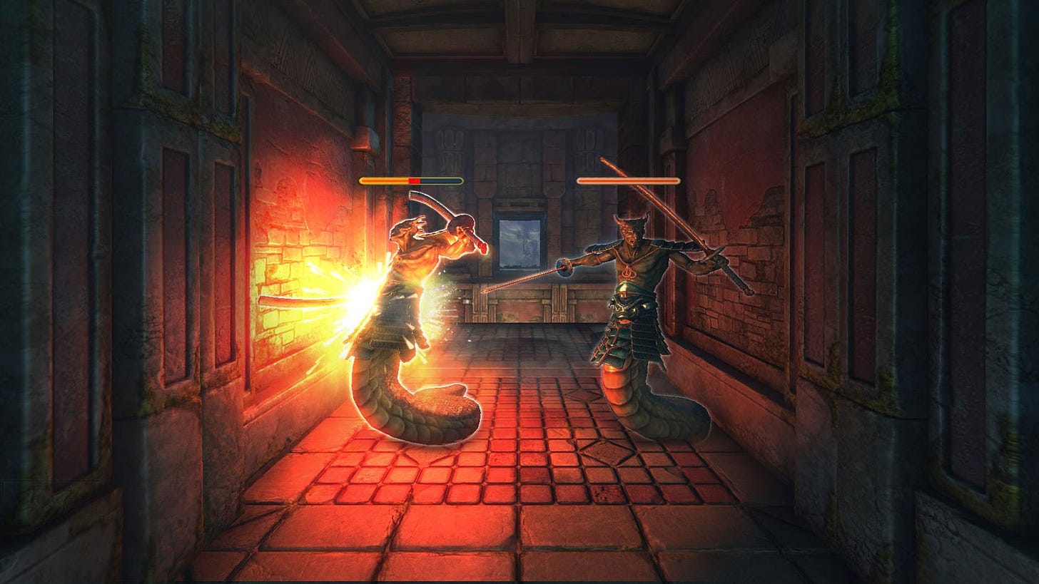 A screenshot from Might & Magic X - Legacy. Two snake creatures are attacking, with one flinching as it takes a hit from the hero. Health bars are shown floating above their heads.