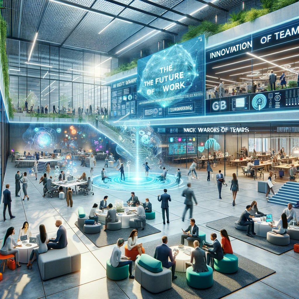 A futuristic and dynamic workplace scene inspired by the concept of 'networks of teams' rather than traditional hierarchies. The image features a vibrant, open-plan office space filled with diverse groups of people collaborating in small, flexible teams. Each team is engaged in different activities, some are gathered around high-tech, holographic displays brainstorming ideas, while others are in informal discussion areas, equipped with comfortable seating and tablets. The environment is tech-savvy, showcasing the use of advanced technology like virtual reality headsets and augmented reality interfaces for project planning and design. In the background, a digital wall displays the words 'Innovation by Default' and 'The Future of Work' to emphasize the theme of transformation and innovation in the workplace. The office is designed to promote creativity, flexibility, and inclusivity, with plenty of green spaces and natural light streaming through large windows, creating an inviting and dynamic atmosphere.
