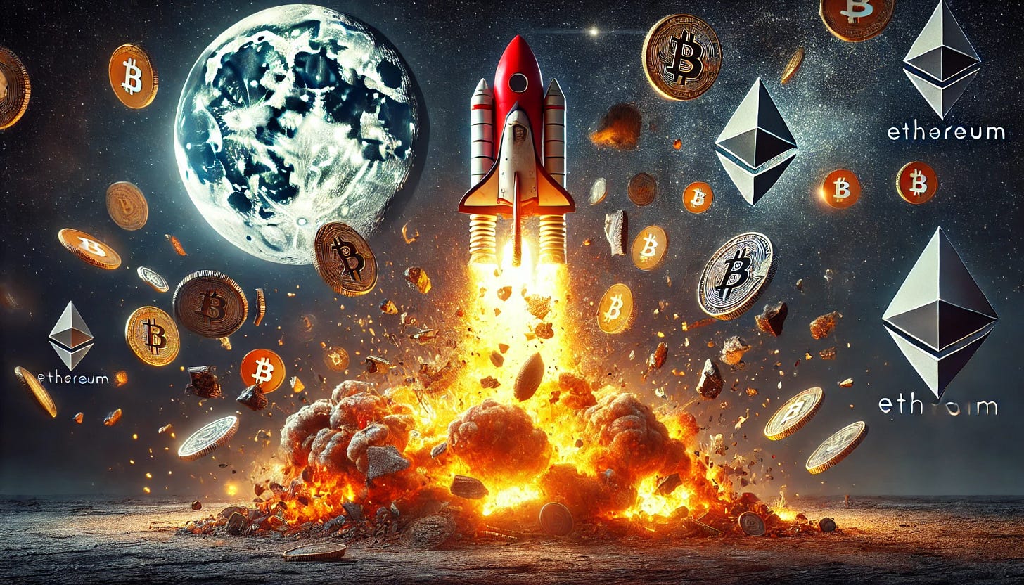 A dramatic scene of a rocket filled with cryptocurrency symbols (Bitcoin, Ethereum, and others) exploding mid-air, failing to reach the moon. The explosion is fiery and chaotic, with shattered coins and blockchain elements scattering. The background shows a dark sky with the moon in the distance, symbolizing missed expectations in the crypto market. The overall tone is dramatic and cautionary.