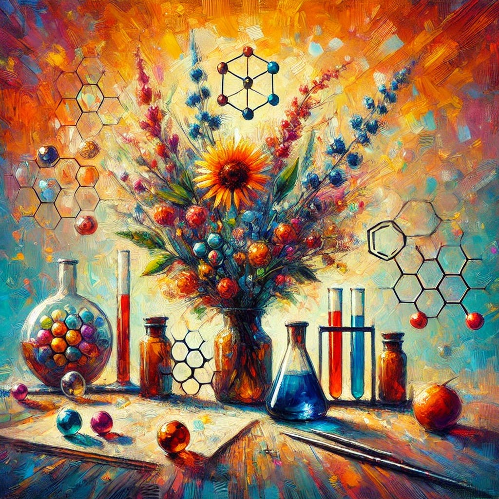 Create a vibrant square image inspired by an interview with Dana Ullman on the subject of homeopathy, styled as an oil painting with expressive strokes and rich, bold colors. The image should symbolize the themes of natural medicine, nanopharmacology, and scientific exploration, without including any text or human figures. Focus on the natural and systematic approach to medicine while incorporating elements like plants, scientific tools, and abstract representations of healing and molecular structures.