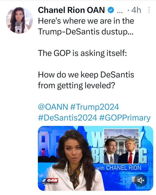 May be a Twitter screenshot of 4 people, people standing and text that says 'FOAM Chanel Rion ΟΑΝ 4h Here's where we are in the Trump-DeSantis dustup... The GOP is asking itself: How do we keep DeSantis from getting leveled? @OANN #Trump2024 2024 #DeSantis2024 #Gimay W BRONG with CHANEL RION OAN A 1'