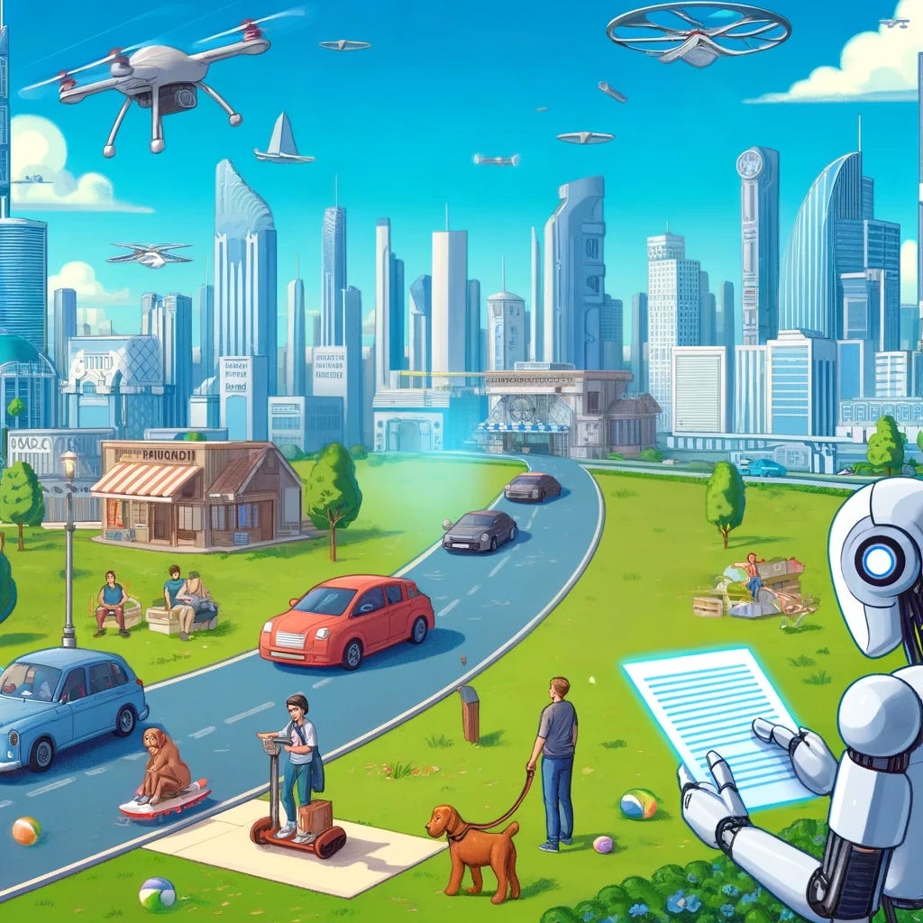 Expand the futuristic cartoon-style image of a newsletter to include more of the vibrant cityscape in the background. Enhance the scene with additional flying cars zooming past futuristic skyscrapers, more robots and humans interacting in public spaces, and a bustling atmosphere. Include advanced technology like hover trains and energy fields, as well as green spaces that show a seamless integration of nature within the urban environment. Maintain the same style and color palette as the original creation.
