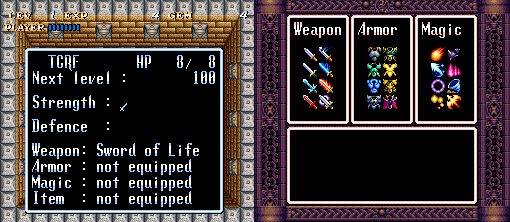 A side-by-side image of Soul Blazer's status screen, which displays hit points, experience needed for next level, strength, defense, and equipped gear, and the weapons/armor/magic screen, which lets you choose to equip any of those and explains what they are on the bottom half of the screen.