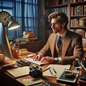 a novelist hard at work on his new novel, his desk covered with a computer and things a writer needs, in his study which has bookcases full of books. Image 1 of 4