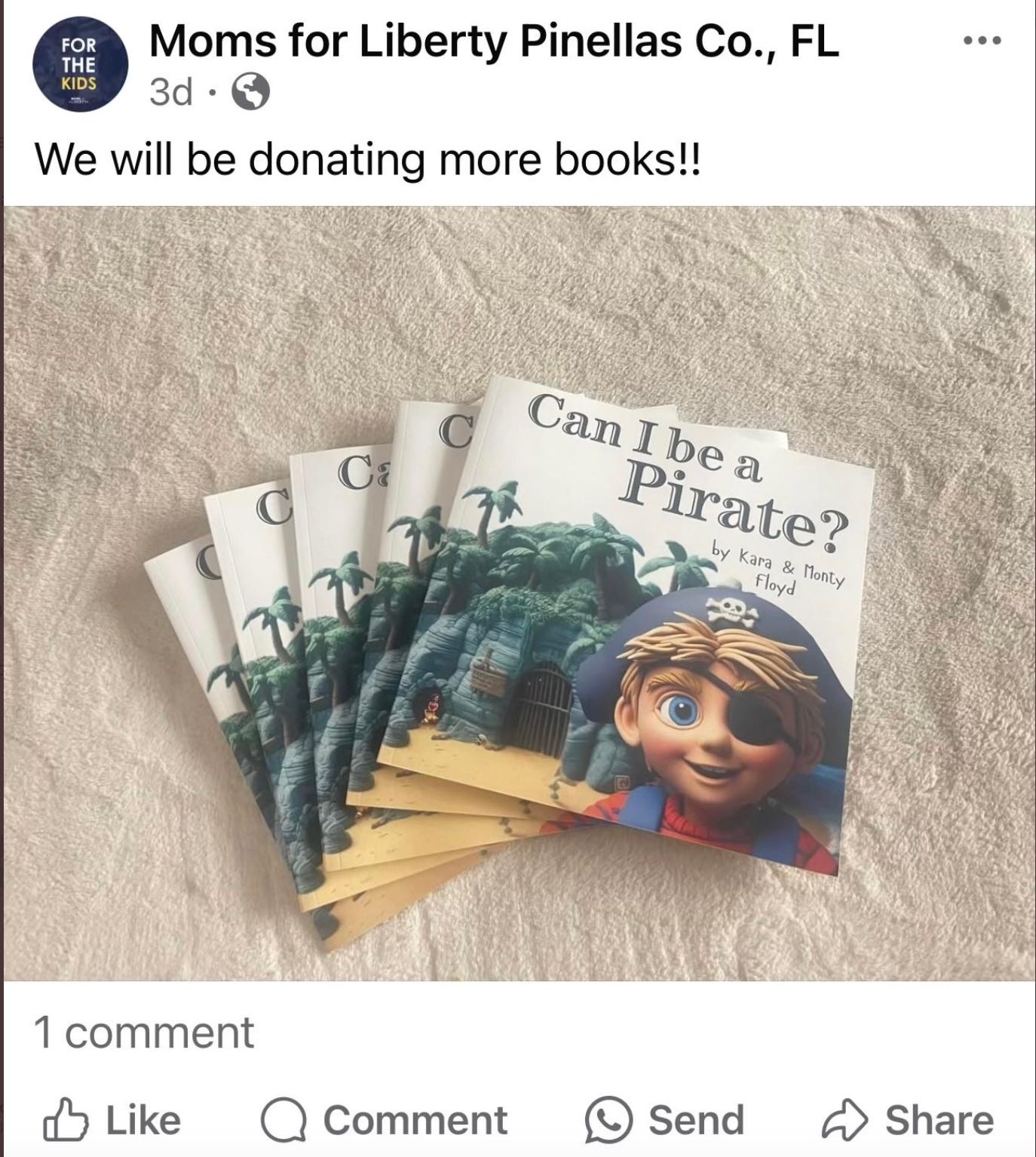 Facebook post from moms for liberty pinellas county about distributing the book at schools.