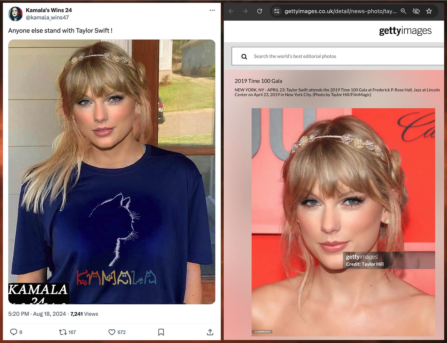 screenshot of a post allegedly showing Taylor Swift wearing a @kamala_wins47 T-shirt, and the original Taylor Swift photo that demonstrates that the T-shirt image is photoshopped