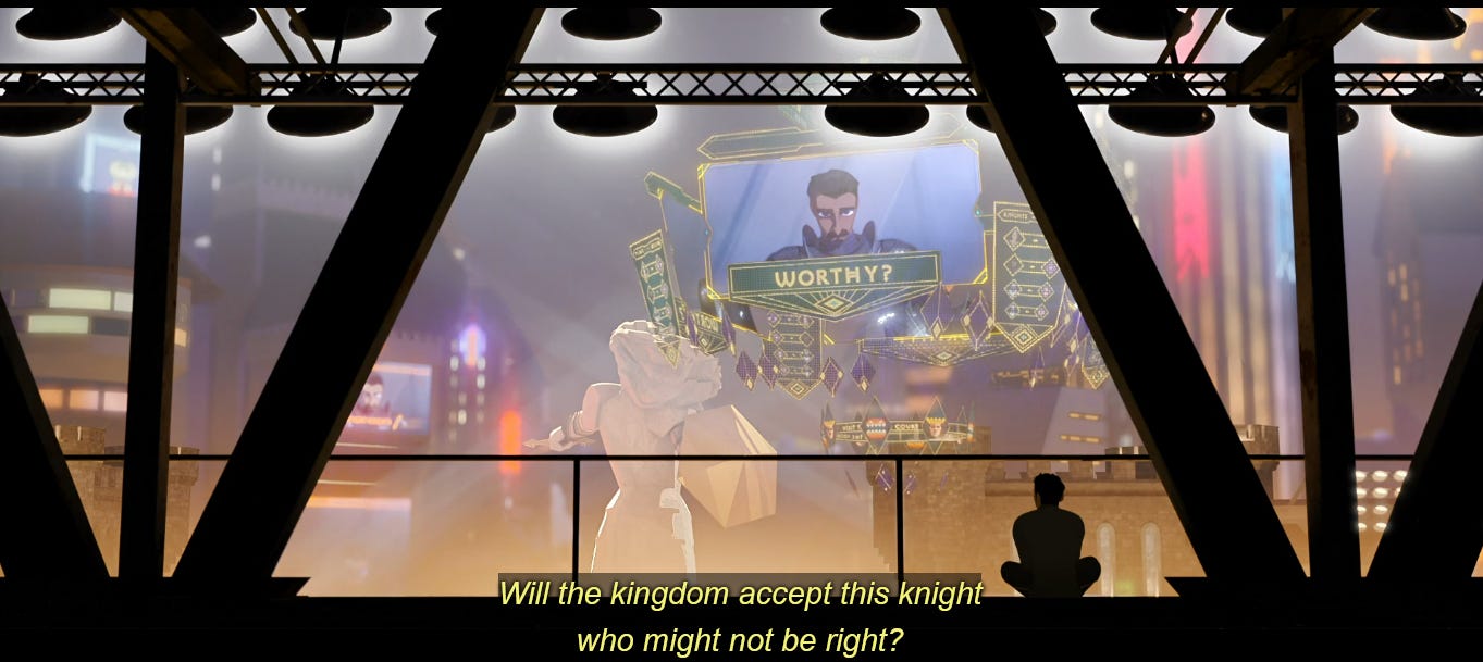 Screenshot from the movie showing Ballister sitting alone above the arena. In the background, there are the high-rise buildings of the Kingdom, the statue of Gloreth and screns showing his face with the caption "WORTHY?". The movie captions cite news reporters saying "Will this kingdom accept this knight who might not be right?"