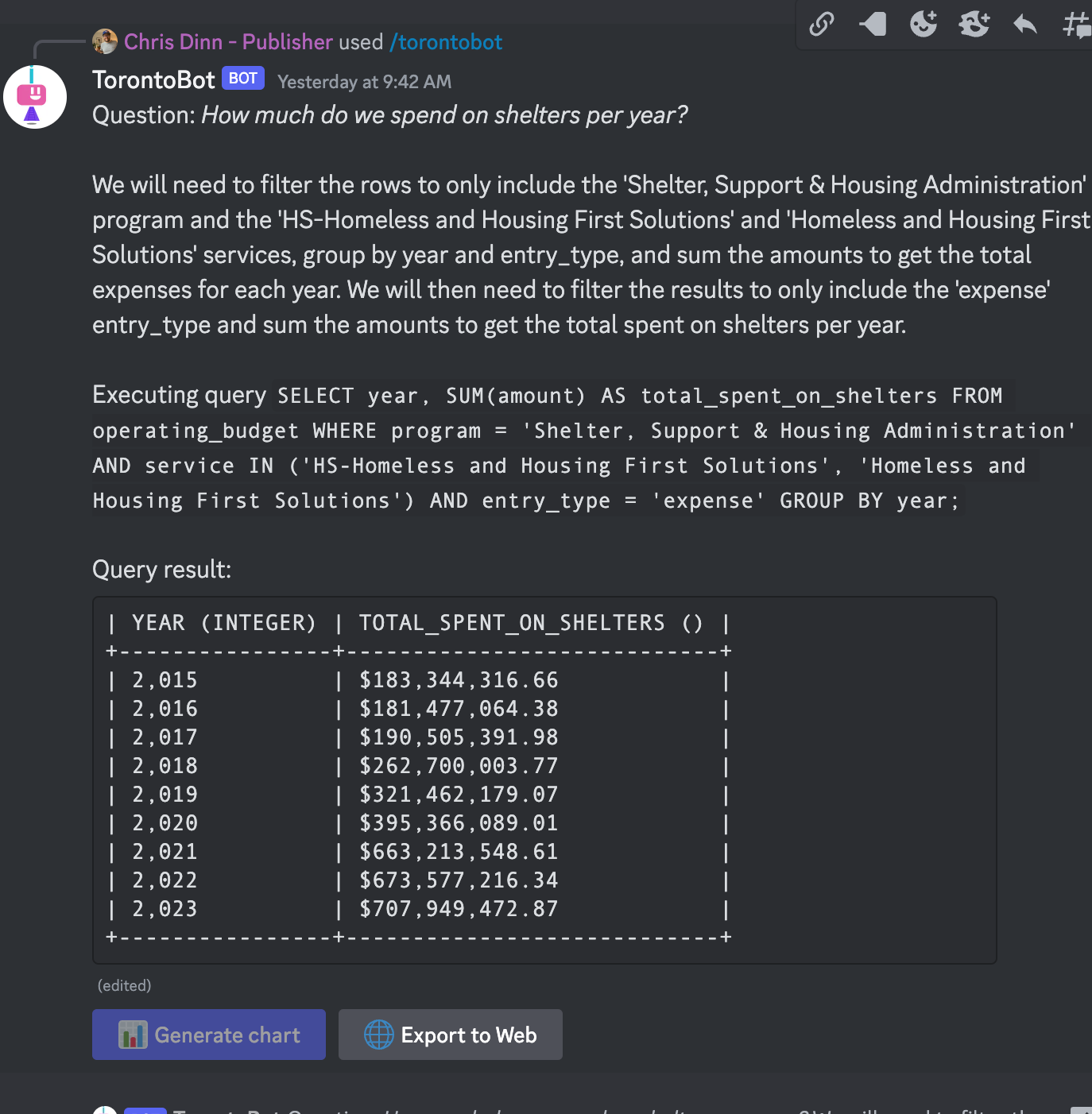 A screenshot of the TorontoVerse Discord, where a user is asking the TorontoBot GPT-powered chatbot how much the city spends on shelters per year. 