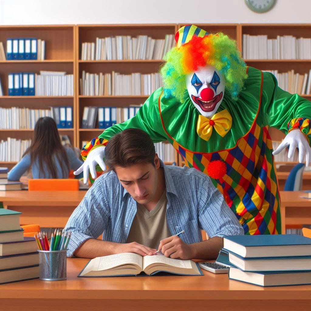 A clown walks out of his special education class, goes to the library, and tries to distract a young man studying for a physics exam.