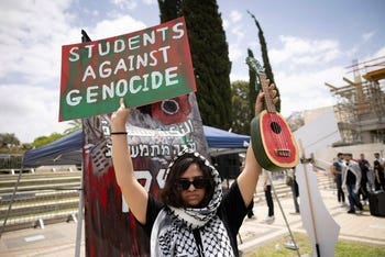 A student commemorating the Nakba and protesting the Gaza war on the Tel Aviv University campus, Wednesday.