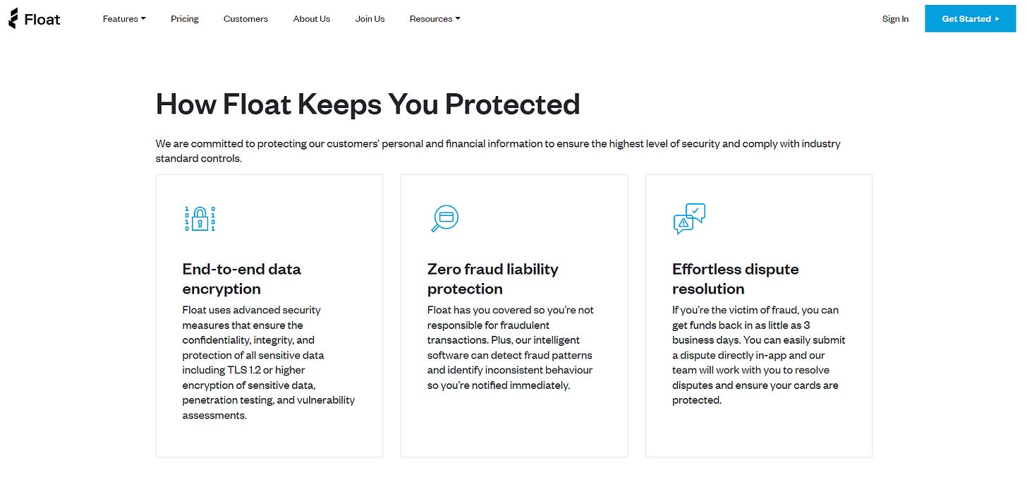 Screenshot of value proposition cards on Floatcard's website, titled, end-to-end data encryption, zero fraud liability protection, and effortless dispute resolution