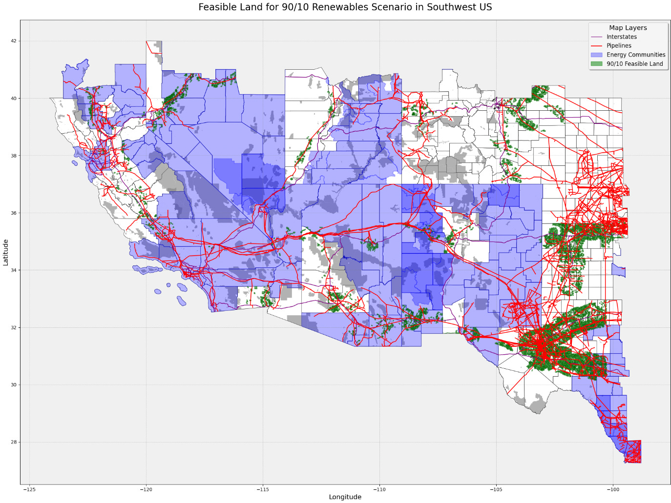 Feasible Land for 90/10 Renewables Scenario in Southwest US