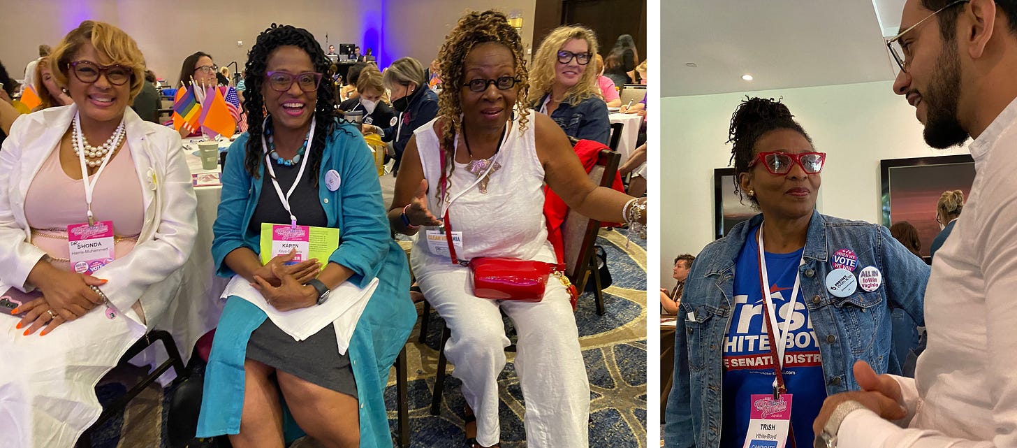 Shonda Harris Muhammad, Karen Keys-Gamarra and Dorri Scott. Right: Trish White Boyd chats with former Delegate Ibraheem Samirah.