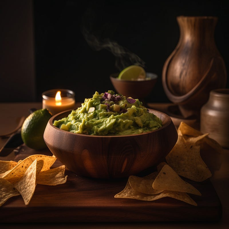 A bowl of delicious guacamole and tortilla chips.