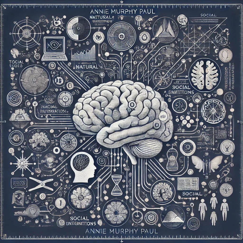 An intricate illustration featuring a human brain at the center, surrounded by numerous interconnected diagrams, symbols, and visual elements associated with science, psychology, and social concepts. The brain is detailed with neural pathways extending outward, linking to icons such as anatomical drawings, hourglasses, books, mathematical graphs, DNA helixes, and silhouettes of people. Other items include representations of natural and social sciences, like a butterfly, a laptop, and network diagrams. The image has a monochromatic, technical design with a ruler-like border, and the text “Annie Murphy Paul” and “Natural and Social Explorations” appears prominently.