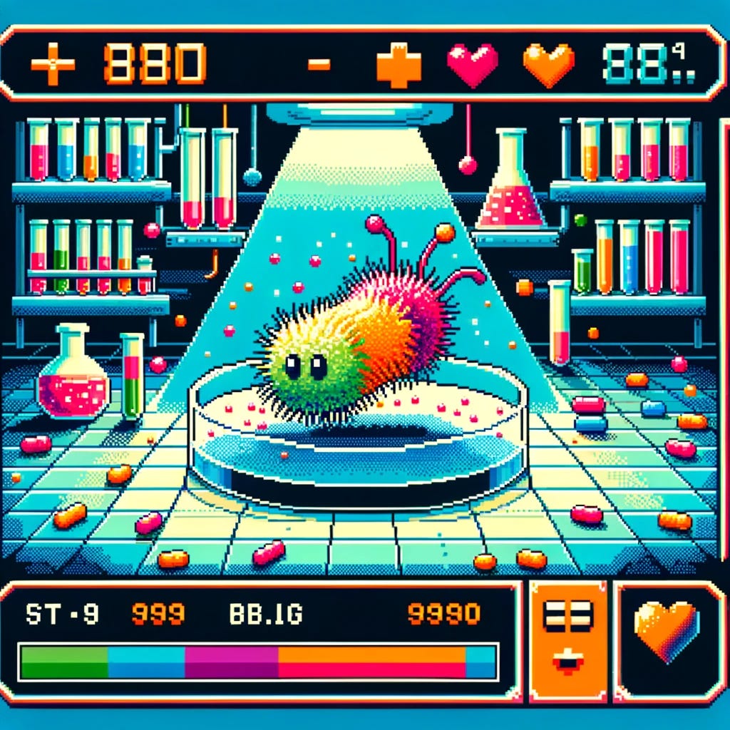 A retro-style video game screen depicting a pixel art bacterial world. The main character is a colorful, pixelated bacterium navigating through a petri dish environment. The game's HUD displays health bars, level progress, and power-ups with 8-bit graphics. The background is a stylized depiction of a scientific lab setting, filled with beakers and test tubes, all rendered in vibrant 8-bit colors. This image captures the essence of classic arcade games from the 1980s.