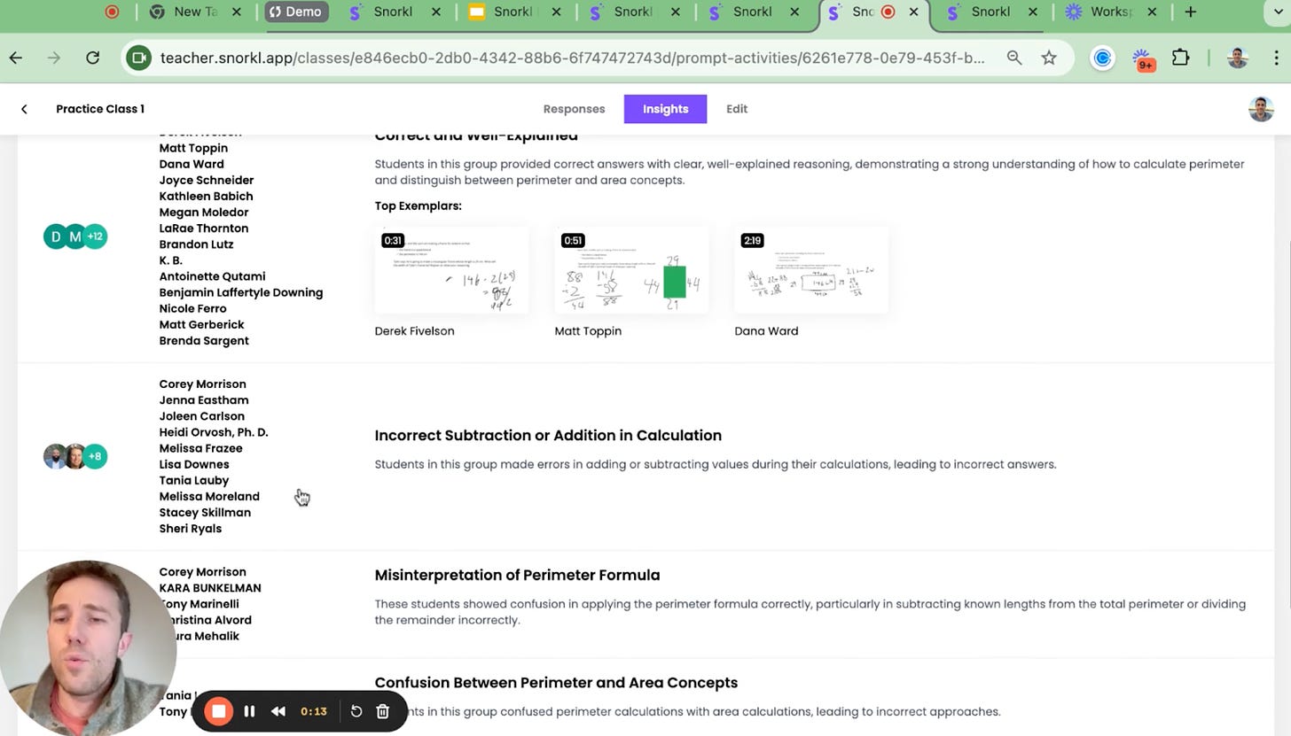 An "Insights" panel where we see student names on the side next to clusters of responses like "Misinterpretation of Perimeter Formula."