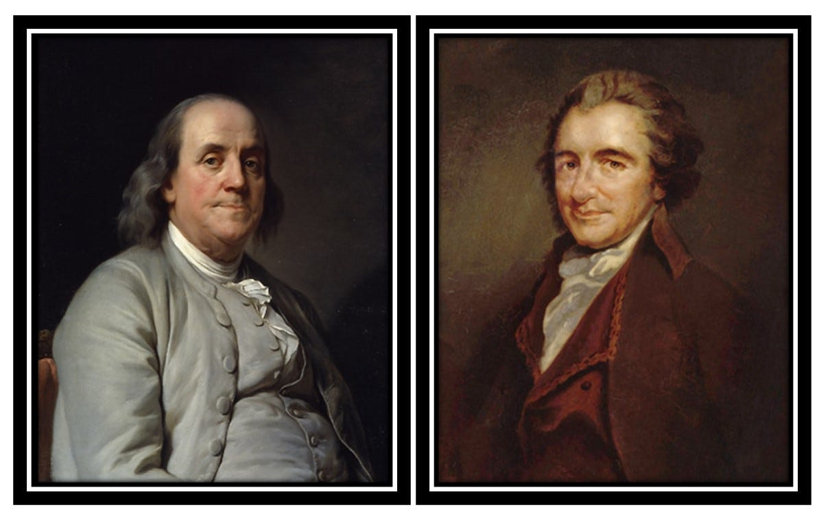 Side-by-side paintings of Benjamin Franklin and Thomas Paine