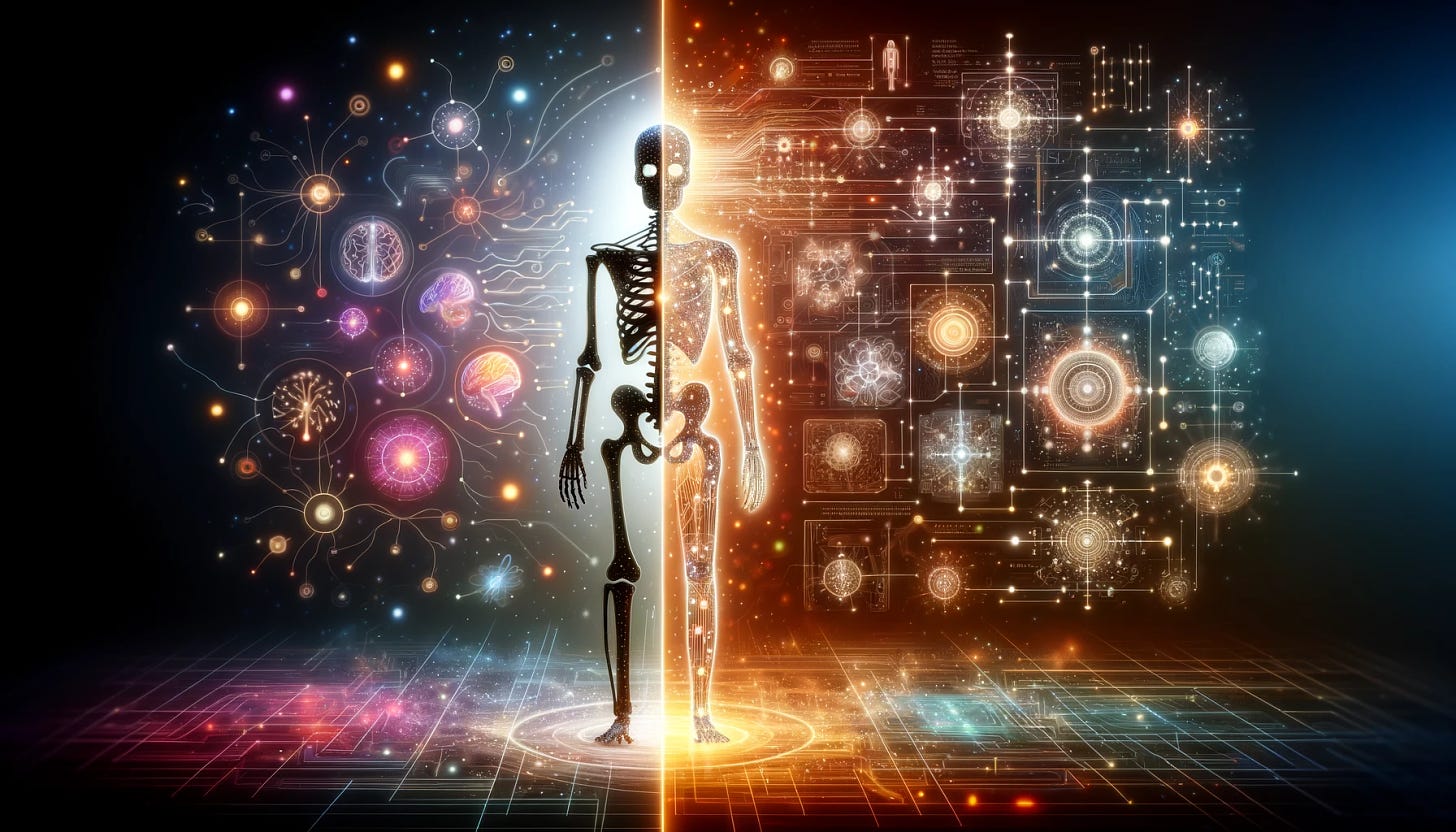 Visualize a conceptual piece where an 'artificial intelligence skeleton model' symbolizes the thought process of AI analyzing a problem in two stages. This unique skeleton model, structured with digital bones and circuits, stands in the center of the image, splitting the scene into two halves to depict the phases of thought. On the left side, illustrate the skeleton model with a gentle glow around its head, surrounded by abstract, loosely defined shapes and symbols floating around, signifying the initial, broad understanding of the problem. These shapes include basic forms, light lines, and soft colors, representing the AI's preliminary, general answer. On the right side, show the same skeleton model with a more intense glow, now surrounded by sharply defined shapes, precise symbols, and detailed textual data, symbolizing the detailed completion of the problem-solving process. This side features complex diagrams, equations, and specific data points, indicating a deep, detailed understanding. The background transitions from a dim, nebulous atmosphere on the left to a bright, clear setting on the right, enhancing the visual metaphor of moving from a vague to a detailed comprehension.
