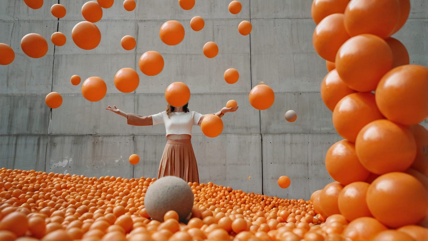 Woman standing among hundreds of essential orange balls. The floor is covered in balls, and some are floating. Woman standing among hundreds of essential orange balls. The floor is covered in balls, and some are floating.