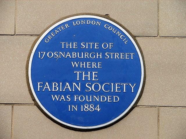 Plaque noting where The Fabian Society was founded in London Plaque noting where The Fabian Society was founded in London