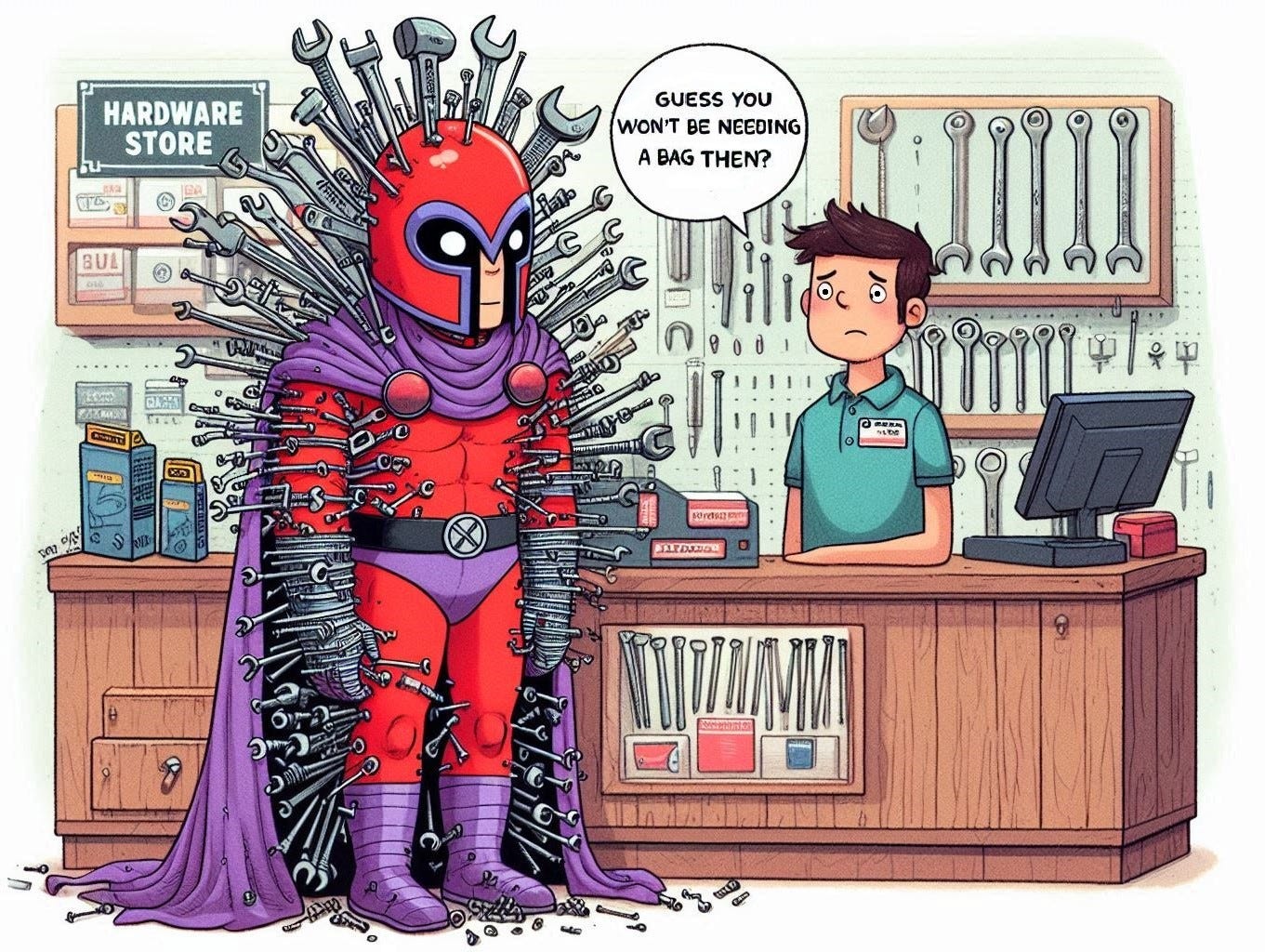 Cartoon illustration: Magneto in his iconic helmet, red outfit, and purple cloak is standing at a hardware store checkout, looking sad with his head down. Magneto is covered in wrenches, hammers, nails and screws, and other metal tools stuck to his body due to his magnetic powers. The young cashier, calm and unfazed, looks at him and says, 'Guess you won't be needing a bag then?' The setting is a typical hardware store with a "Hardware Store" sign with shelves of tools and supplies in the background.