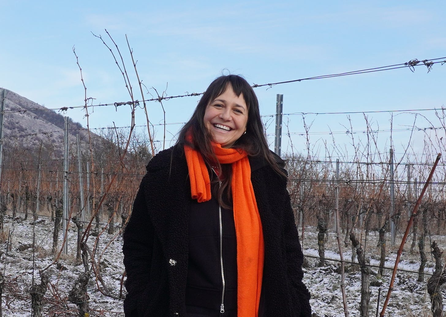 Dominika in the Cuvée Leonard vineyard, Jan 2024. Photo (C) Simon J Woolf.