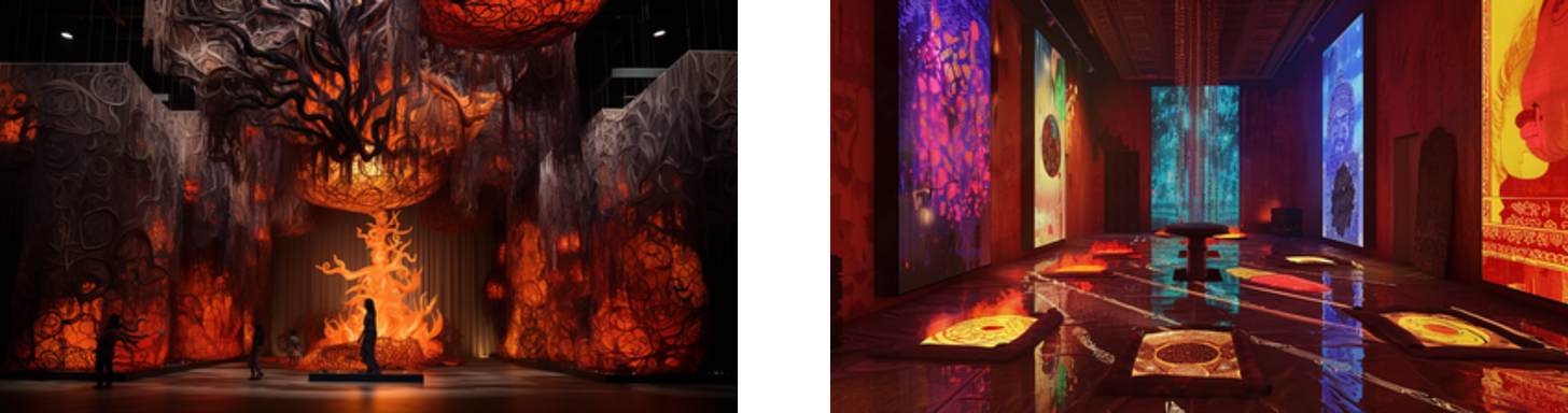 The left image features an art installation with a silhouetted figure standing before a dramatically illuminated tree sculpture with sprawling branches, set against intricately carved walls that create an immersive, cave-like environment.  The right image shows another art exhibit, where the floor and walls are adorned with vividly colored projections and traditional patterns. The room is lined with large, glowing artworks and visitors can walk around, viewing the pieces and the dynamic projections on the floor, enhancing the interactive experience of the exhibit.