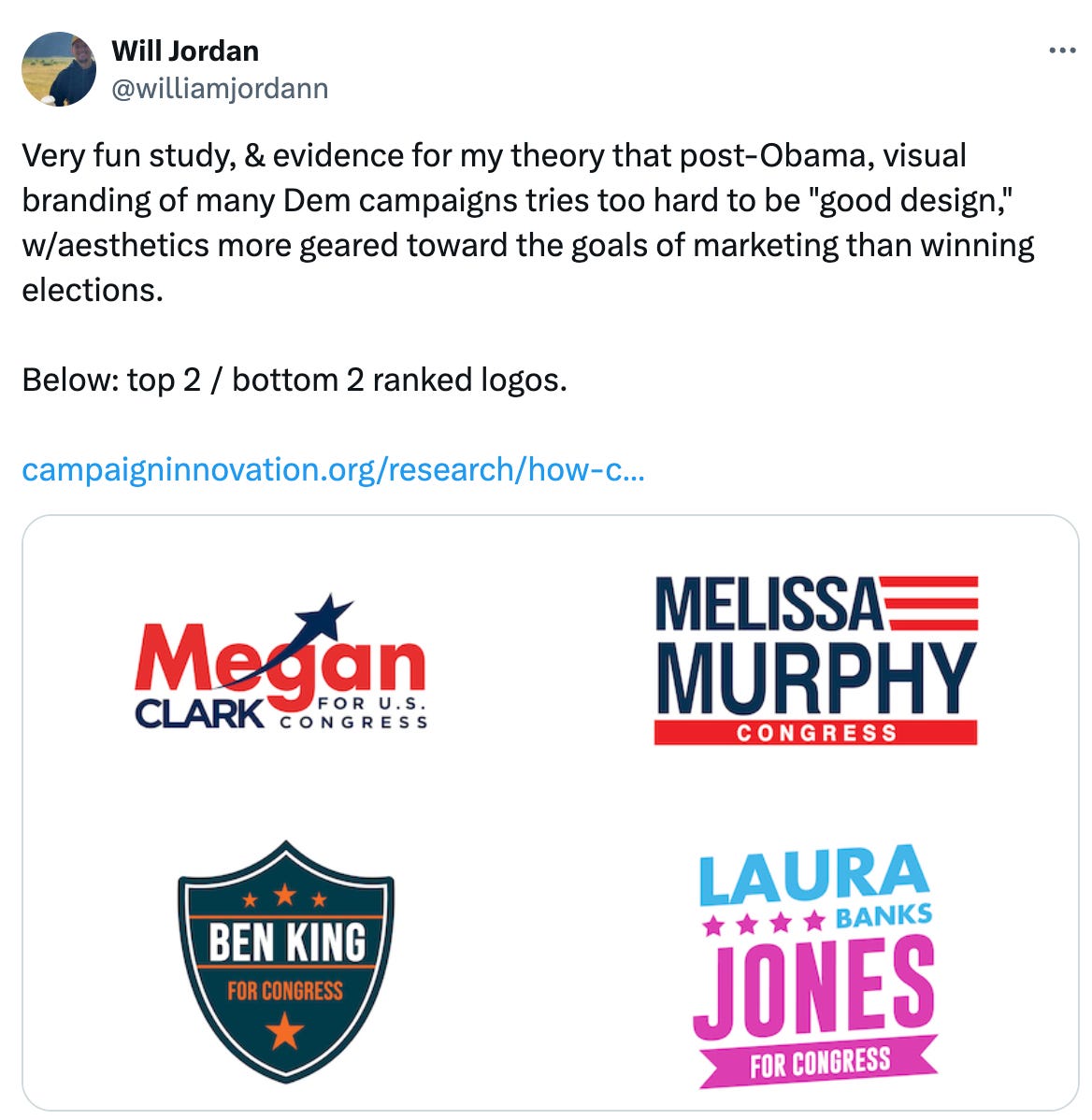   See new posts Conversation Will Jordan @williamjordann Very fun study, & evidence for my theory that post-Obama, visual branding of many Dem campaigns tries too hard to be "good design," w/aesthetics more geared toward the goals of marketing than winning elections.  Below: top 2 / bottom 2 ranked logos.   https://campaigninnovation.org/research/how-campaign-logos-shape-voters-opinions-about-candidates?utm_source=substack&utm_medium=email