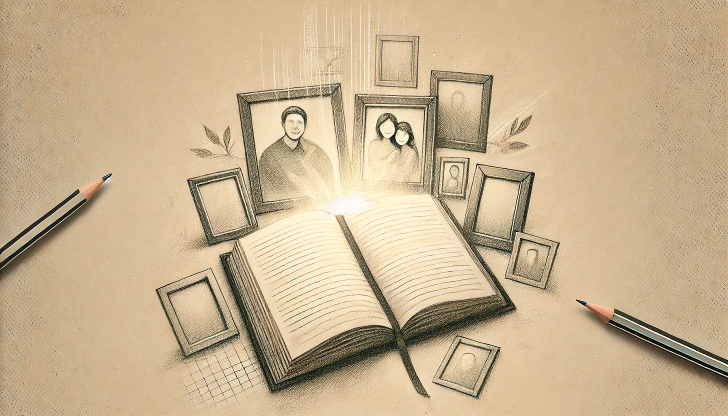 A minimalist and abstract pencil sketch of an open journal in the center, surrounded by loosely arranged family photos in simple frames. The journal pages emit a soft glow, while the photos remain lightly sketched with no distinct faces. Subtle shading and cross-hatching define the composition, with a paper-textured background. Conceptual and unfinished aesthetic, soft pencil strokes, smudges, and a sentimental, warm atmosphere.