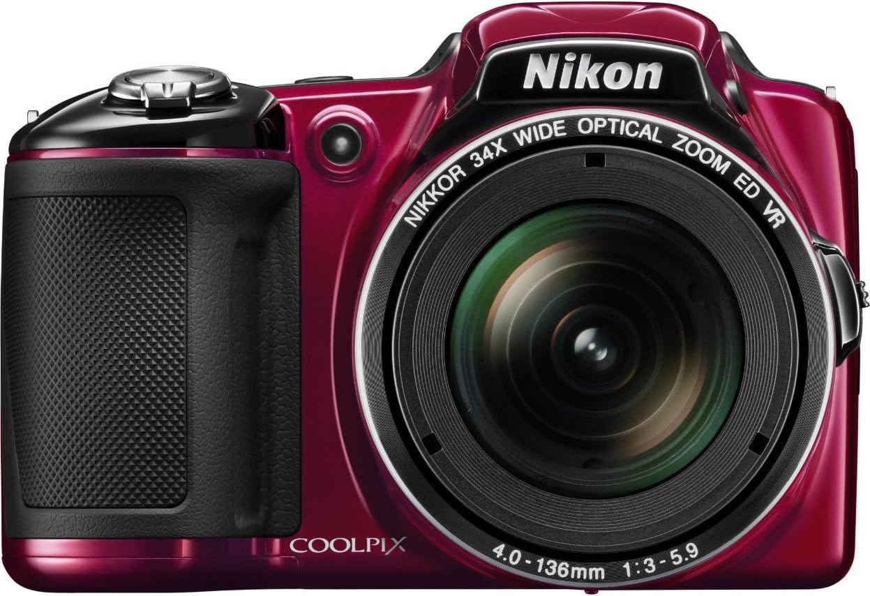 Nikon Coolpix L830 digital camera in red with a 34x optical zoom lens.