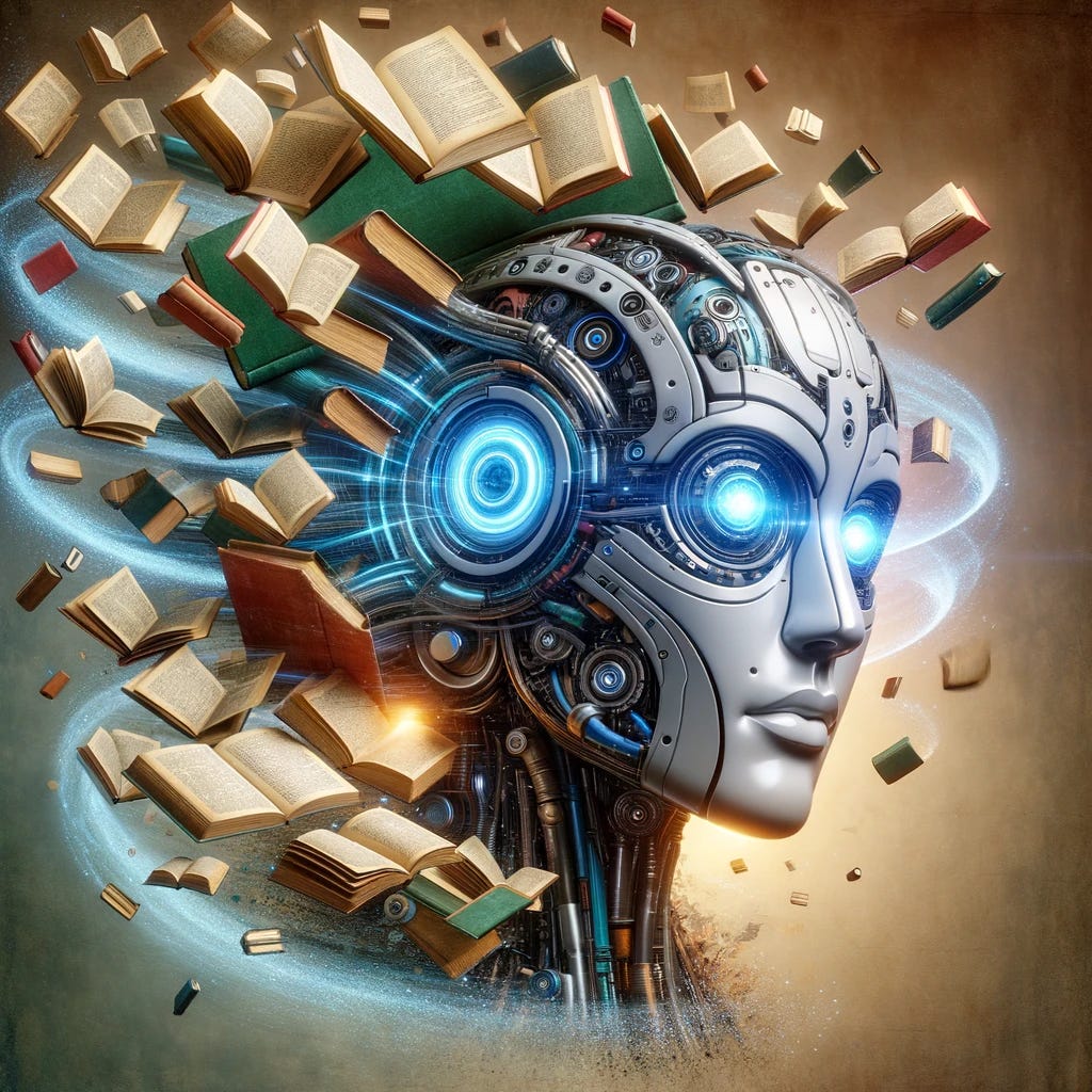 A bunch of books hover around and enter into a robotic head with glowing blue eyes