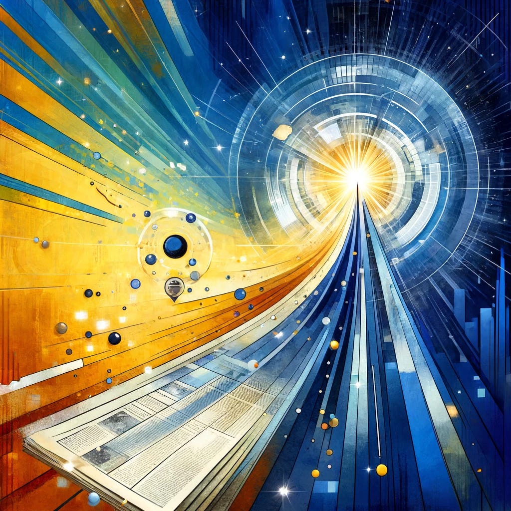 An abstract artwork in a square format. The background features a dynamic color scheme with a mix of deep blue, bright yellow, and light white, symbolizing transition and the future. In the foreground, a stylized newspaper dissolves into digital pixels, flowing upward into abstract shapes, representing the shift from print to digital and beyond. A large, glowing circle in the center represents the key role of quality and uniqueness in the future of journalism. Small, sparkling symbols like stars and circles represent artificial intelligence and new technologies orbiting around the central circle. Lines and arrows converging on the large circle symbolize the focus on the direct relationship between publishers and readers. A symbolic key near the circle stands for the irreplaceable uniqueness that will secure the future of journalism.